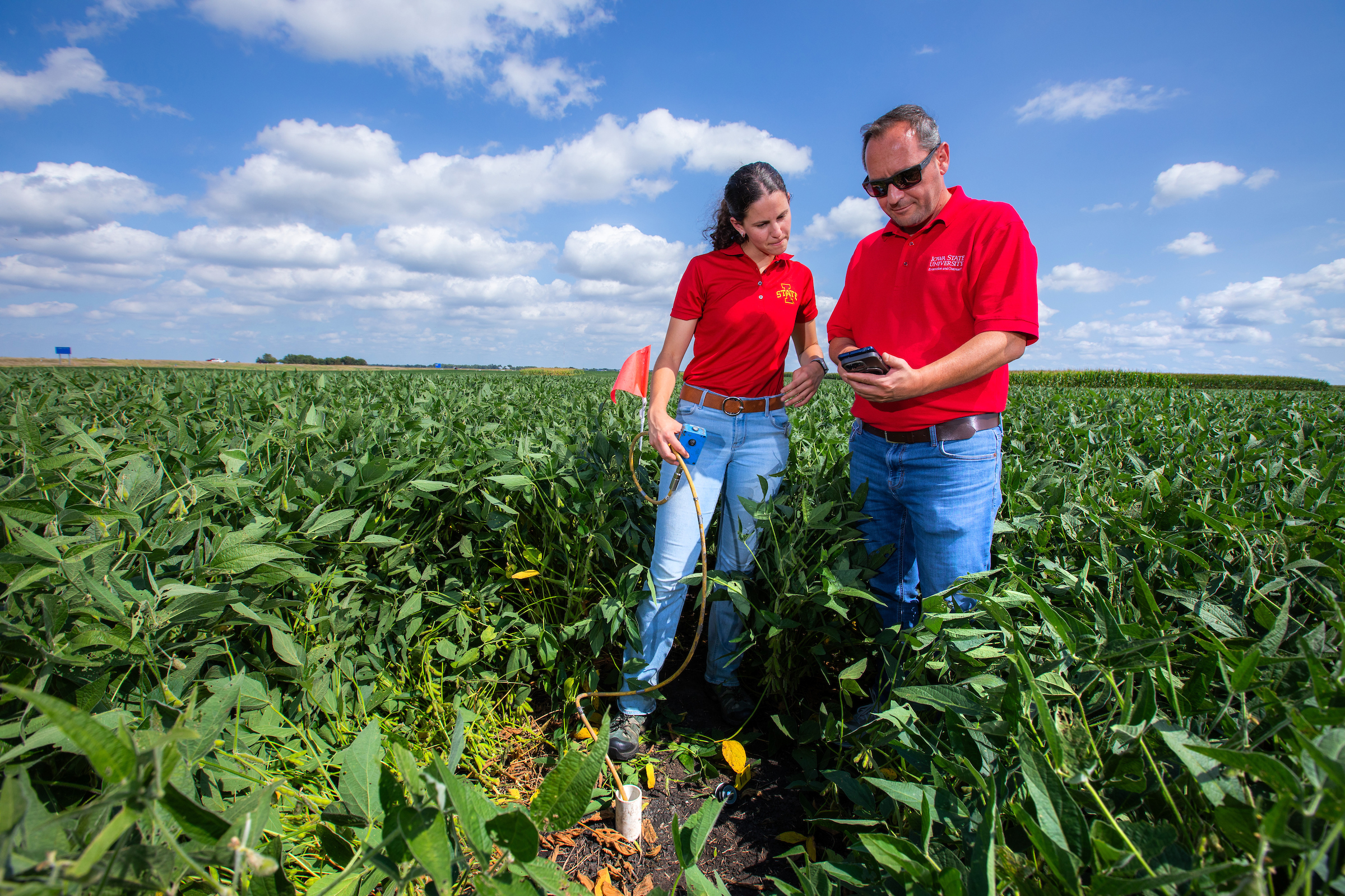 Graduate student Carolina Freitas, left, and agronomy professor Sotirios Archontoulis use a probe to measure subsurface moisture in one of their experimental plots of soybeans at the Ag Engineering and Agronomy Research Farm near Boone.